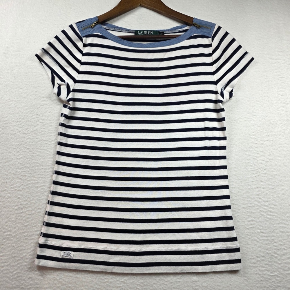 Lauren Ralph Lauren Women's‎ Navy White Striped Boat Neck Zip Shoulder Top Large